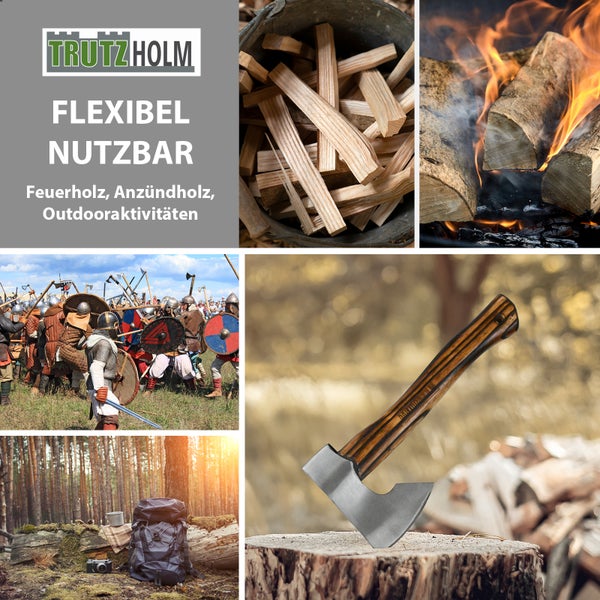 Trutzholm Axt mit Holzgriff im Einsatz zum Holzhacken, neben Anzündholz, Feuer, einer historischen Schlachtszene und einer Campingausrüstung im Wald.