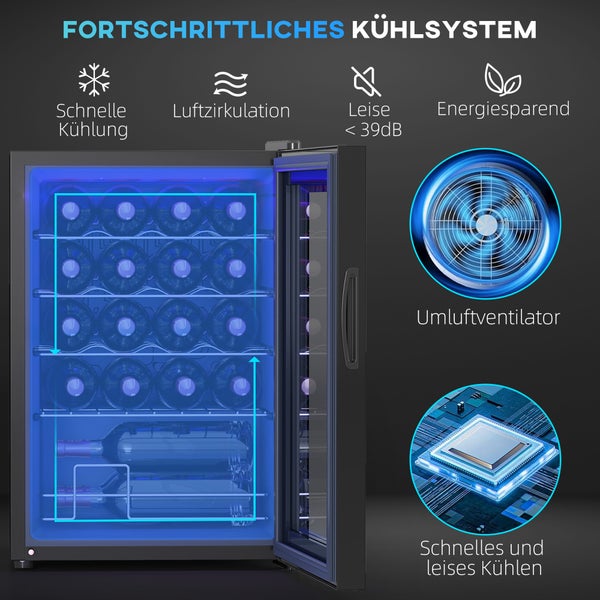 Weinkühlschrank mit Umluftventilator für schnelle Kühlung und Luftzirkulation, leiser Betrieb unter 39 Dezibel und energiesparende Technik.