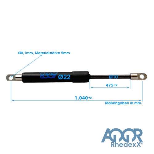 Gasdruckfeder mit Maßangaben: Gesamtlänge 1040 Millimeter, Hub 475 Millimeter, Zylinderdurchmesser 22 Millimeter, AQOR RhedexX Logo.