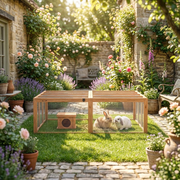 Freilaufgehege aus Holz für Kleintiere mit Drahtgitter in einem Garten mit Blumen und Steinweg, zwei Kaninchen im Gehege.
