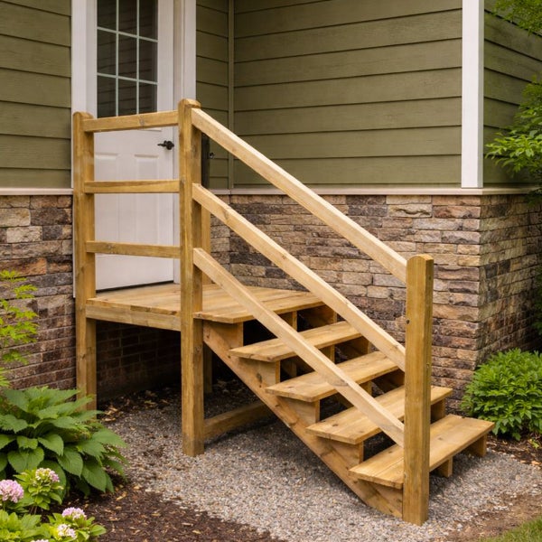Holztreppe mit Geländer vor einem Haus.