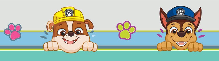 Selbstklebende Wandbordüre Paw Patrol mit den Charakteren Rubble und Chase sowie bunten Pfotenabdrücken für das Kinderzimmer.
