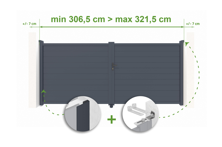 Abbildung eines Gartentors mit Breitenangaben zwischen 306,5 cm und 321,5 cm.