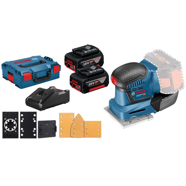 Bosch Akku-Schwingschleifer GSS 18V-10 / 2x 4,0 Ah Akku + Ladegerät inkl. Zubehör-Set in L-Boxx