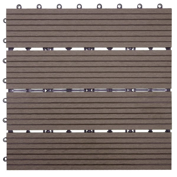 Braune geriffelte Klickfliese aus Holz-Kunststoff-Verbundwerkstoff für Terrasse und Balkon mit integriertem Stecksystem.