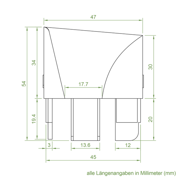 Technische Zeichnung mit Maßangaben in Millimetern für ein Bauteil mit verschiedenen Breiten und Höhen.