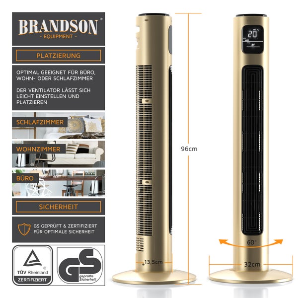 Brandson Turmventilator, GS, 60° Oszilation zuschaltbar, Standventilator, mobiler Lüfter, Säulenventilator 96 cm, Ventilator mit 3 Geschwindigkeiten