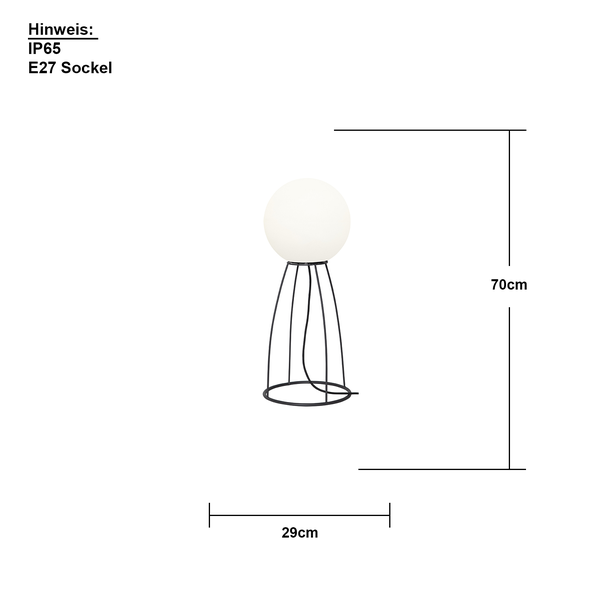 Abbildung einer Leuchte mit den Maßangaben 70 cm Höhe und 29 cm Breite