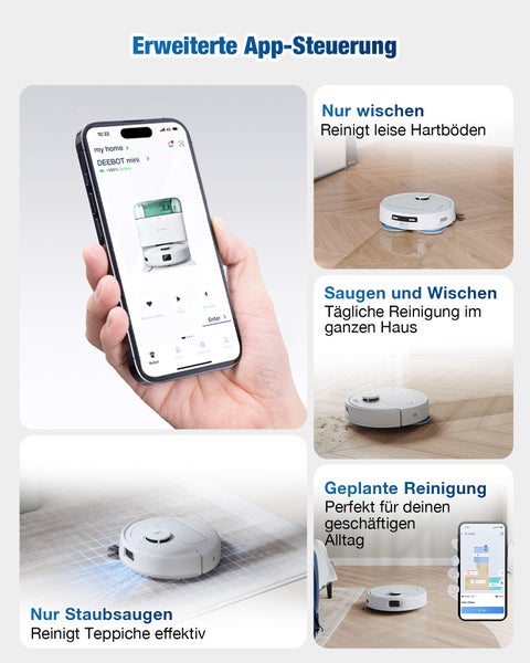 App-Steuerung eines Saug- und Wischroboters zur Steuerung von Reinigungsplänen und zur gezielten Reinigung von Hartböden und Teppichen.
