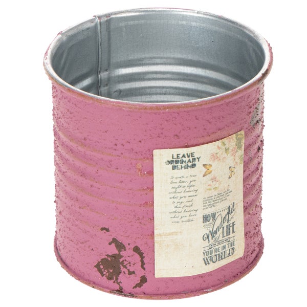 Dekorativer Übertopf aus Metall in Rosa mit Vintage Oberfläche und Textetikett