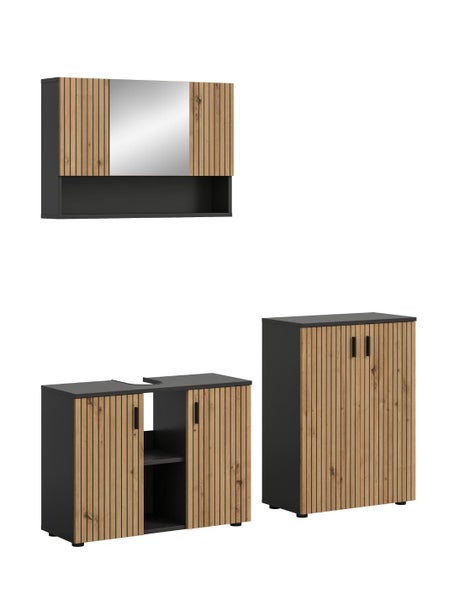Dreiteiliges Badezimmermöbel-Set in Anthrazit mit Spiegelschrank, Waschbeckenunterschrank und Beistellschrank, Lamellenfronten in Eichenoptik.
