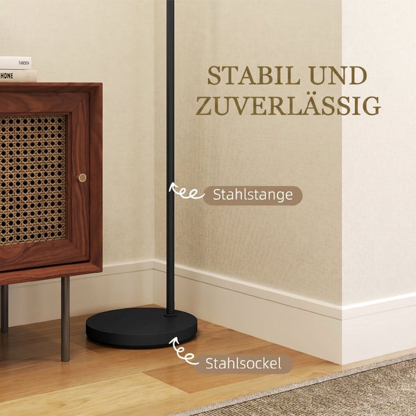 Moderne Stehlampe mit zylindrischem Schirm und Maßangaben in Zentimetern