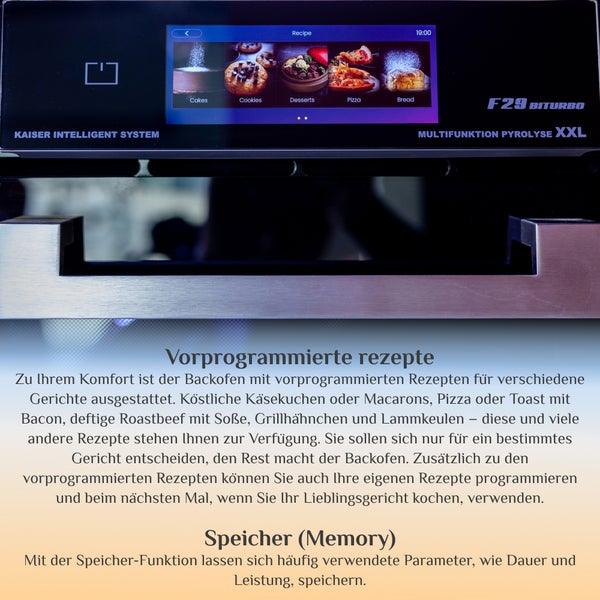 Kaiser Multifunktionsbackofen mit Touchdisplay und vorprogrammierten Rezepten zur einfachen Zubereitung verschiedener Speisen.