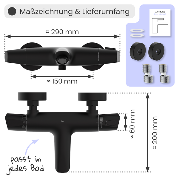Maßzeichnung und Lieferumfang einer schwarzen Duscharmatur mit Maßen und Zubehör