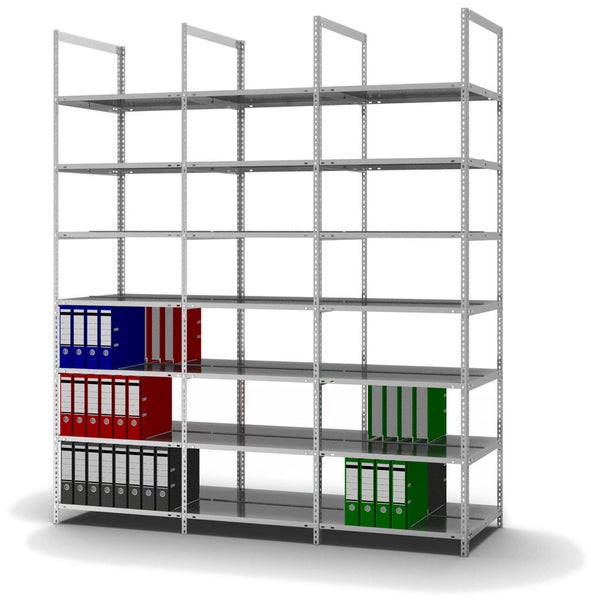 PROREGAL Aktenregal Schraubsystem Grundregal HxBxT 255 x 75 x 60 cm 7 Ebenen Fachlast 90 kg Ohne Deckboden Beidseitig Nutzbar Verzinkt