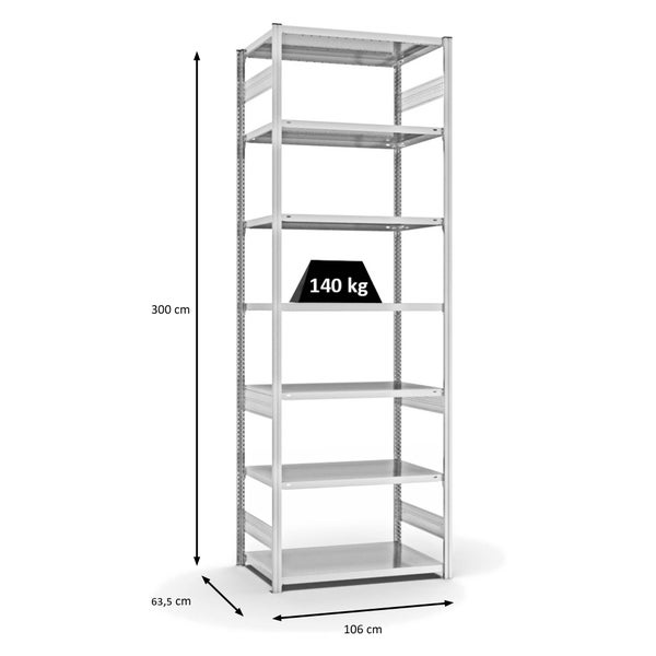 PROREGAL Fachbodenregal Stecksystem T-Profil Light-Duty Grundregal HxBxT 300 x 100 x 60 cm 7 Ebenen Fachlast 140 kg Beidseitig Nutzbar Lichtgrau