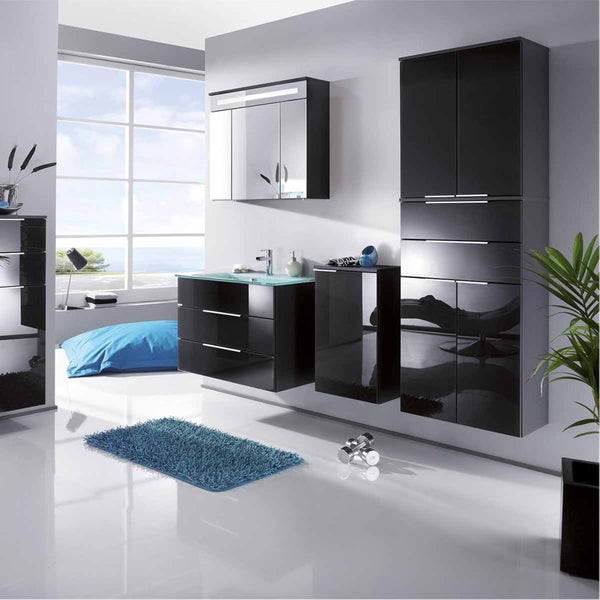 FACKELMANN KARA Badmöbel Set 2 Teile / Glas Waschbecken / Waschbeckenunterschrank mit 2 Schubladen / hochwertiger Badschrank mit Soft-Close / Korpus: Schwarz / Front: Schwarz / Breite: 80 cm
