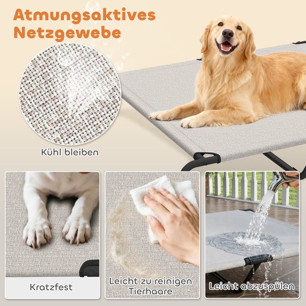 Erhöhtes Hundebett mit atmungsaktivem Netzgewebe, kratzfest, leicht zu reinigen von Tierhaaren und abspülbar.
