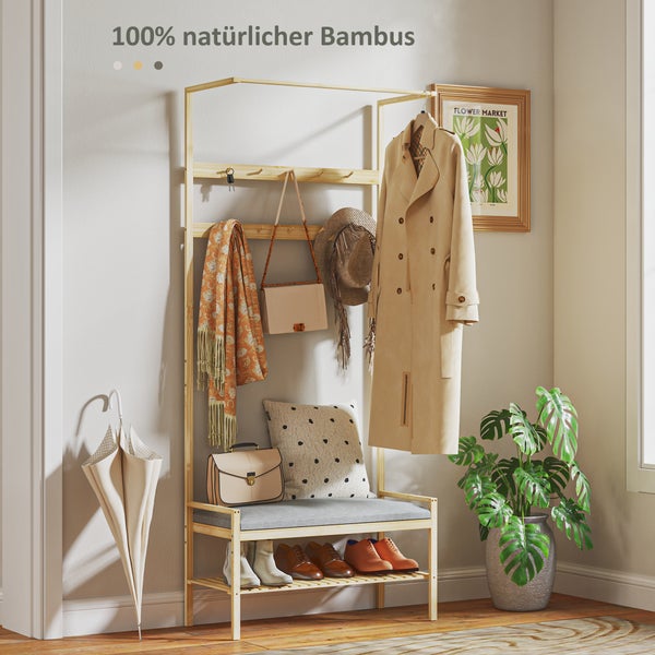 HOMCOM Garderobenständer mit Schuhbank, Kleiderständer mit Haken, Schuhregal, Garderobe mit Sitzkissen, Jackenständer für Eingangsbereich, Flur, Bambus, Natur