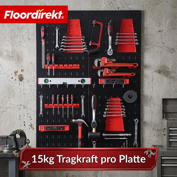 Schwarze Werkzeugwand von Floordirekt mit Werkzeugen wie Hammer und Schraubenschlüssel. Floordirekt Logo. 15 Kilogramm Tragkraft pro Platte.
