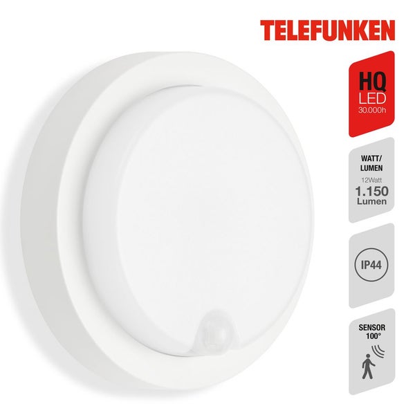 LED Außenwandleuchten Außenlampe Bewegungssensor IP44 Ø17cm 12W Weiß Telefunken