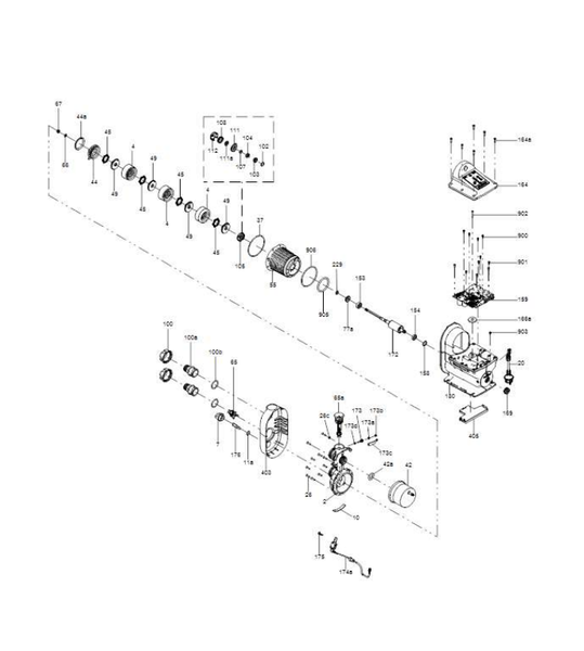 Explosionszeichnung eines Geräts mit Einzelteilen und ihren Positionsnummern.