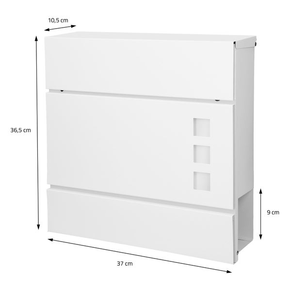 Briefkasten mit Zeitungsfach in Weiß, Breite 37 Zentimeter, Höhe 36,5 Zentimeter, Tiefe 10,5 Zentimeter, Zeitungsfach 9 Zentimeter.