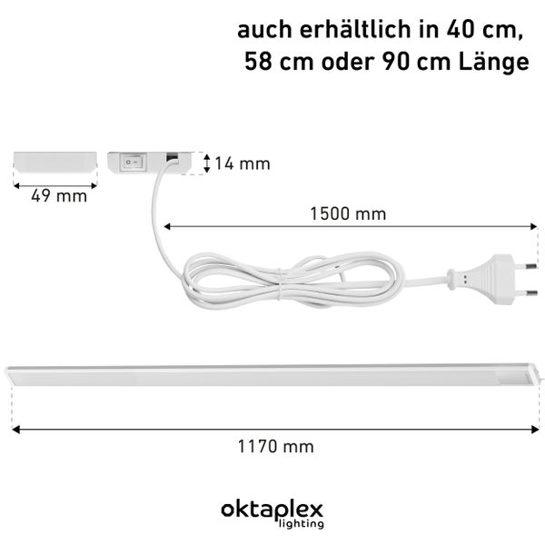 Technische Zeichnung einer Oktaflex Lighting LED Unterbauleuchte mit Maßen und Zuleitung sowie Hinweis auf weitere verfügbare Längen.