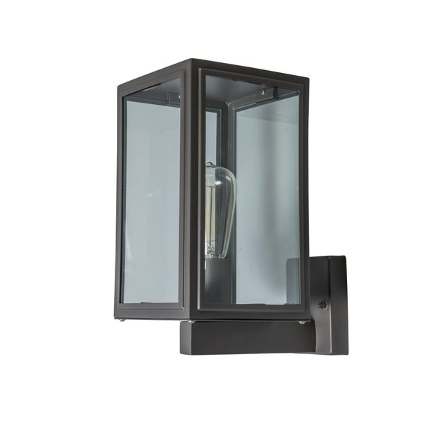 Rechteckige Außenwandleuchte aus dunklem Metall und klarem Glas mit sichtbarem Leuchtmittel.