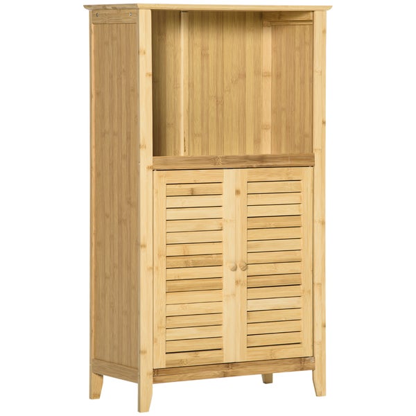 HOMCOM Badezimmerschrank Badschrank Standregal mit 2 Lamellentüren, offenem Regal, Bambus, Aufbewahrungsschrank Schrank für Badezimmer, Wohnzimmer 50 x 25,5 x 92cm Natur