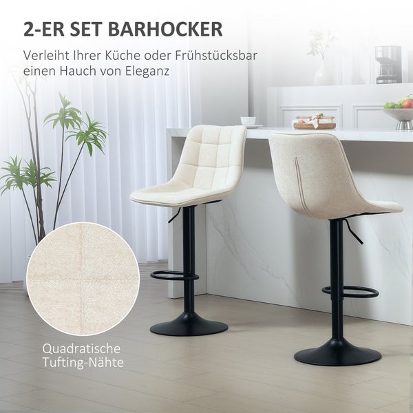 HOMCOM Barhocker 2er-Set, Gepolstert Barstuhl mit Lehne, Stahlgestell, Chenille-Optik, Höhenverstellbare Küchenstühle mit Fußstütze 360° Drehbar Tresenhocker für Küche, Wohnzimmer Beige