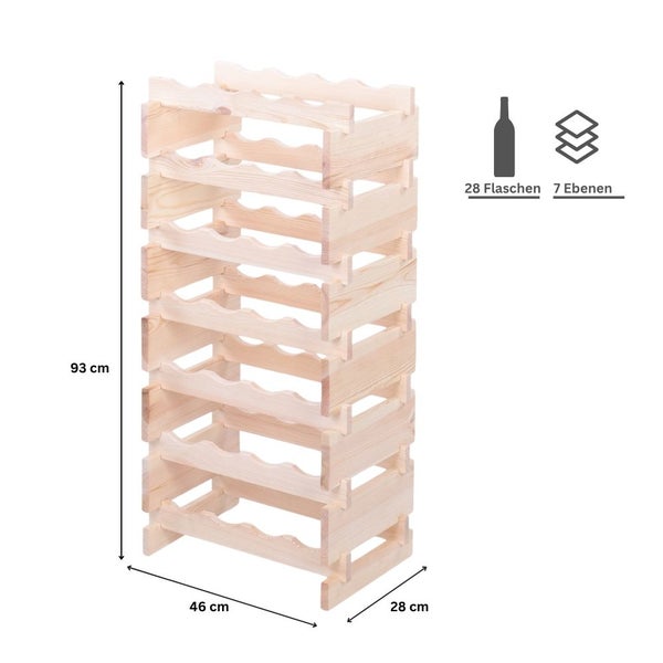 Weinregal VINOTECA FLEX PRO HxBxT 93x46x28cm 28 Flaschen auf 7 Ebenen Massives Kiefernholz Natur unbehandelt