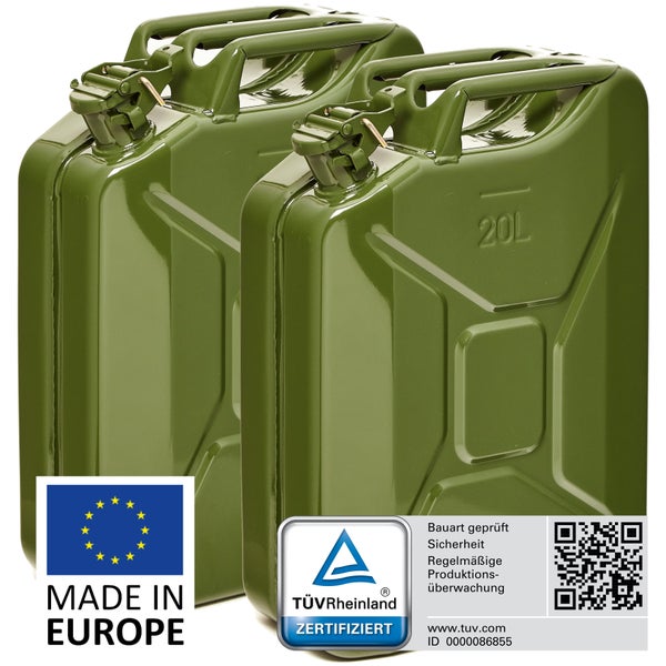 BW® Kraftstoffkanister Metall Benzinkanister 2x 20 Liter - Olivgrün - RAL 6003 - TÜV-geprüft und UN-Zulassung - Made in Europe
