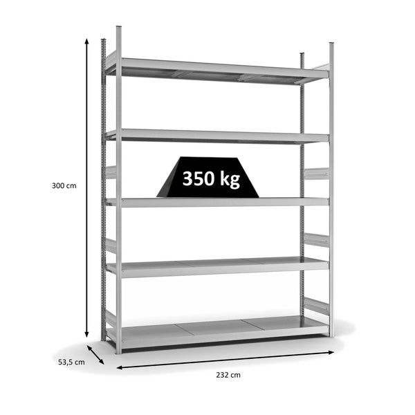 PROREGAL Weitspannregal Stecksystem T-Profil Grundregal HxBxT 300x225x50 cm 5 Ebenen Stahlplatten Fachboden Fachlast 350 kg Verzinkt