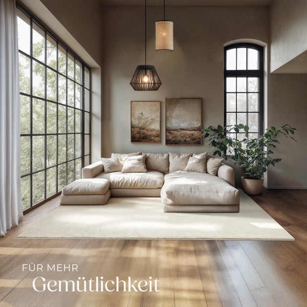 Wohnzimmer mit großem Sofa, Teppich, Zimmerpflanze und zwei Pendelleuchten