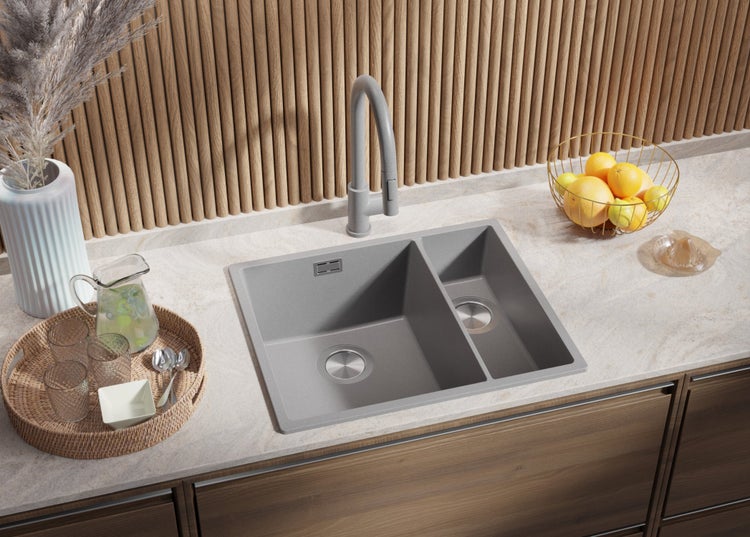 PRIMAGRAN Spülbecken Grau 56x47cm, Granitspüle 1,5 Becken + Ablauf-Set, Küchenspüle ab 60er Unterschrank - London Slim Duo