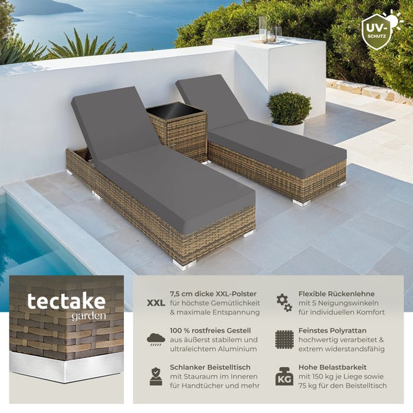 2er Set Rattan Sonnenliegen tectake  wetterfest und UV-beständig mit Aluminiumgestell natur