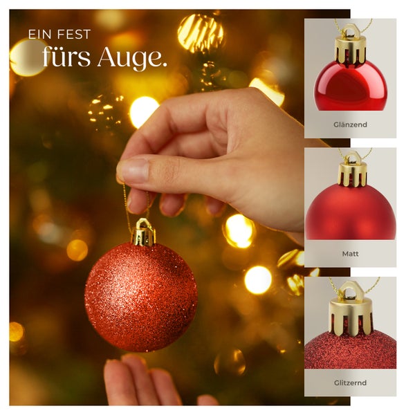 Rote Weihnachtskugeln mit verschiedenen Oberflächen: glänzend, matt und glitzernd.
