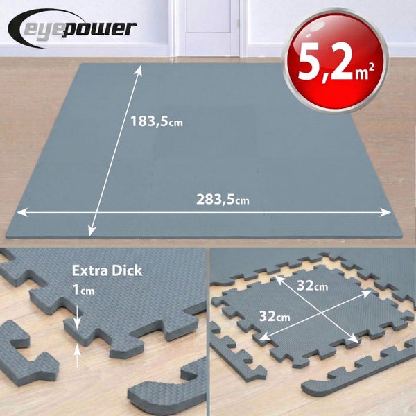 Eyepower Puzzle-Schutzmatten. Fläche fünf Komma zwei Quadratmeter. Dicke ein Zentimeter. Einzelmatte zweiunddreißig Zentimeter. eyepower Logo.