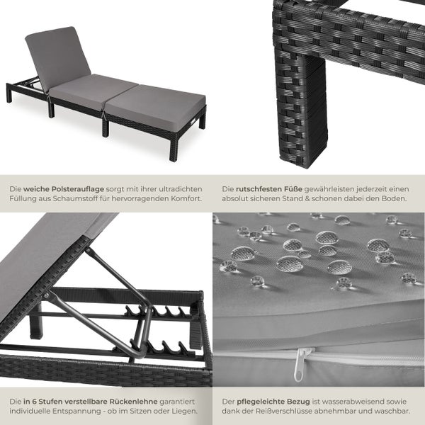 Rattan Sonnenliege tectake Sofia 196 x 66 x 27 cm widerstandsfähig schwarz
