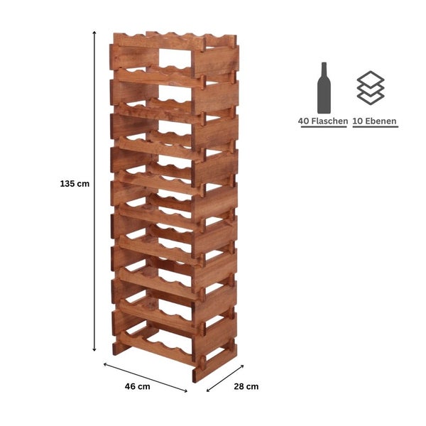 Weinregal VINOTECA FLEX PRO HxBxT 135x46x28cm 40 Flaschen auf 10 Ebenen Massives Kiefernholz Braun geölt