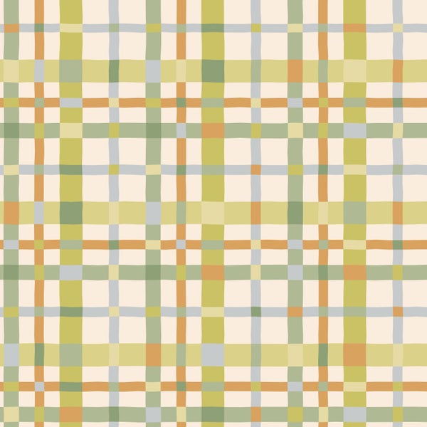 Tapete mit handgezeichnetem Karomuster in Gelb, Orange, Grün und Grau.