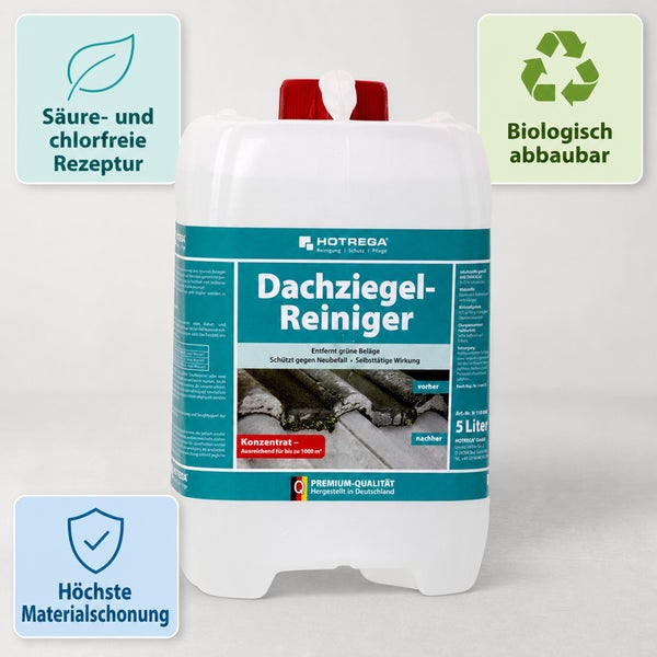 Hotrega Dachziegelreiniger 5 Liter Kanister zur Entfernung von Grünbelägen mit säurefreier und biologisch abbaubarer Rezeptur.