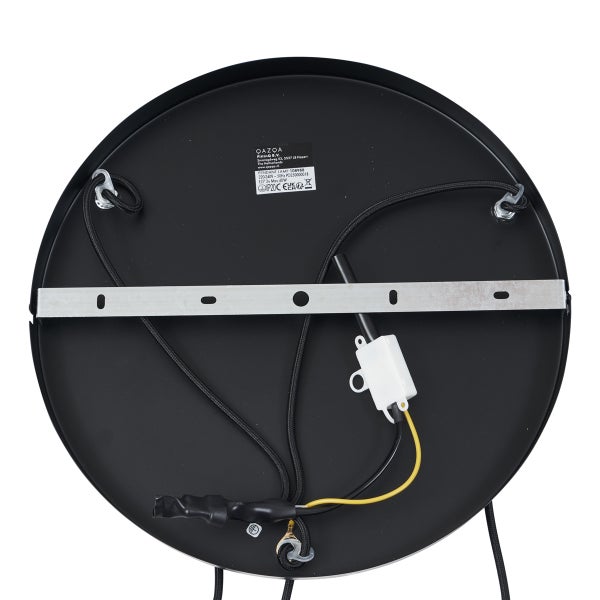 Rückseite einer runden Deckenhalterung für eine Pendelleuchte aus Metall mit Montagebügel und elektrischer Verkabelung.