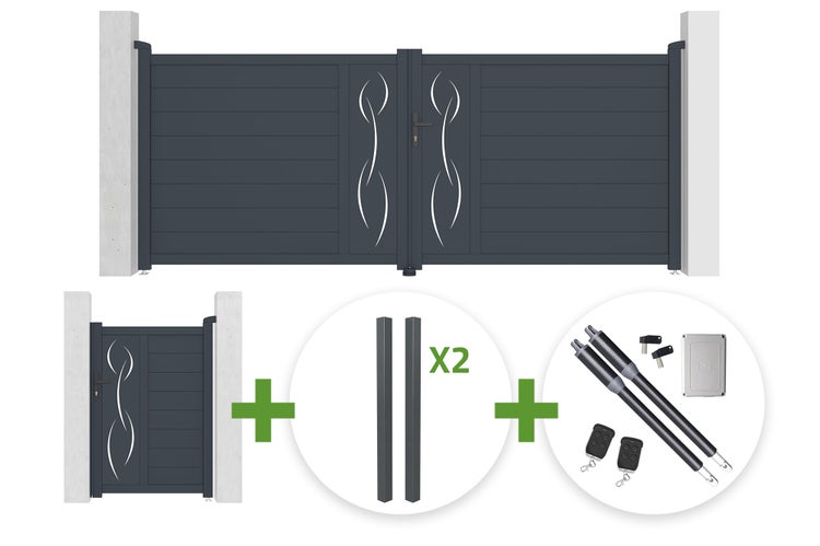 Aluminium-Einfahrtstor-Set mit Flügeltor, Gartentür, zwei Pfosten und elektrischem Torantrieb inklusive Fernbedienungen.