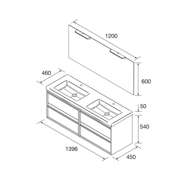 Technische Zeichnung eines Badmöbel-Sets mit Doppelwaschbecken und Spiegel inklusive Maßangaben in Millimeter.