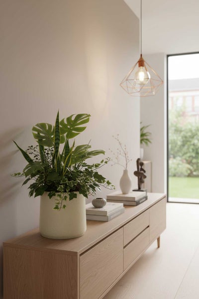 Moderne Wohnzimmereinrichtung mit einer Pflanzenkombination aus Monstera, Bogenhanf und Efeu in einem beigen Topf auf einem Holzsideboard.