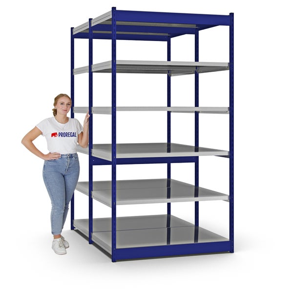 PROREGAL Fachbodenregal Stecksystem Vierkant-Profil Grundregal HxBxT 250 x 132,5 x 80 cm 2x6 Ebenen Doppelseitige Bauart Fachlast 200 kg Enzianblau