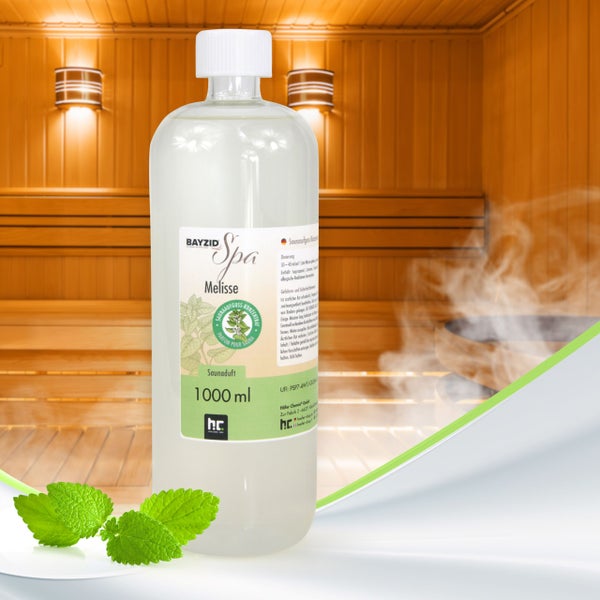 Bayzid Spa Melisse Saunaaufguss, 1000 ml Flasche vor Saunahintergrund