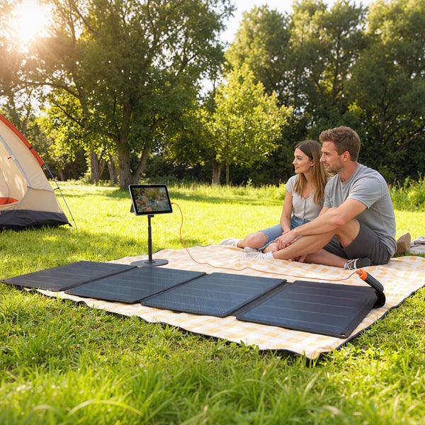 Faltbares Solarpanel lädt ein Tablet in einer hellen Campingszene mit einem Paar auf einer Decke und einem Zelt im Hintergrund auf.
